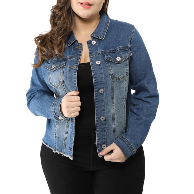 GRACE & GRANDEUR Women's Plus Size Washed Button Front Frayed Denim Jacket Blue 1X