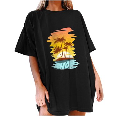 RKSTN Graphic Tees for Women Short Sleeve Summer Beach Shirts Printed Casual Loose Plus Size Solid Color Pullover Blouse Tops