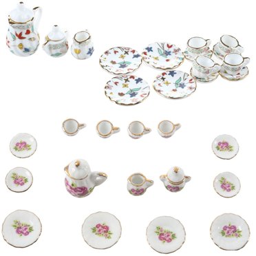 2 Ensembles de Vaisselle Miniature pour Maison de Poupée Ensemble de Thé en Porcelaine - Imprimé Floral Coloré & Chinois