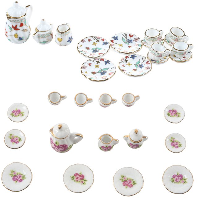 2 Set Miniature Dollhouse Dinnerware Porcelain Tea Set - Colorful Floral Print & Chinese