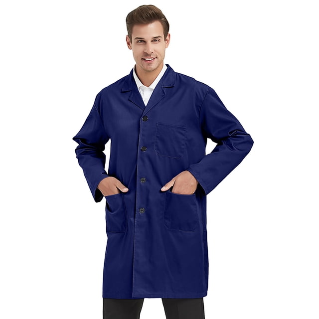 TOPTIE Unisex Scrubs Lab Coat Professional Doctor Uniform Workwear Long Sleeve Shop Coat-Navy-M