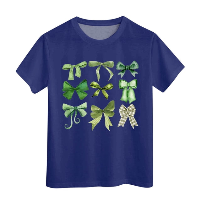T-shirts Filles Été Col Rond Manches Courtes Nœud Imprimé Coupe Décontractée Basiques Hauts Filles Marine 10-11 Ans