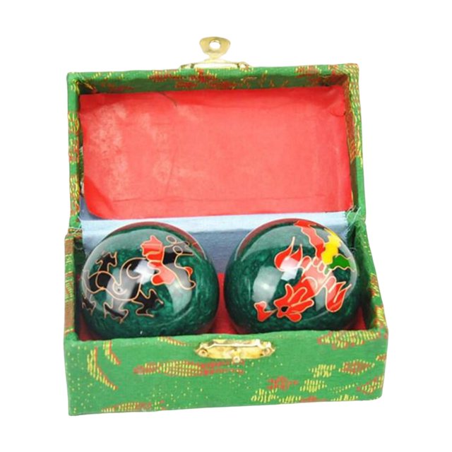 2 x Hand Balls Chinese Health Balls with Storage Box Portable Fitness Relaxation Dragon Phoenix Green