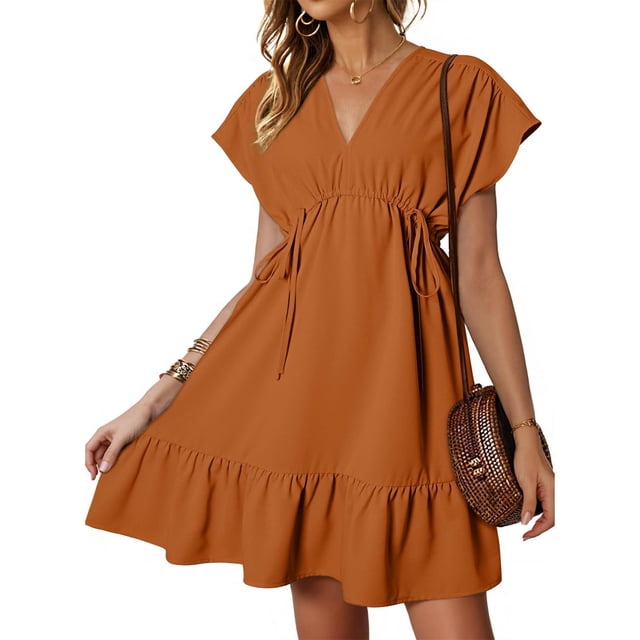 Offres jusqu'à 70 % de Rabais! Fashiopn Hauts d'Été pour Femmes 2024 Robes Grande Taille Manches Courtes Col en V Cordon Décontracté à Volants Robe Trapèze Courte Cadeau pour Femmes en Solde