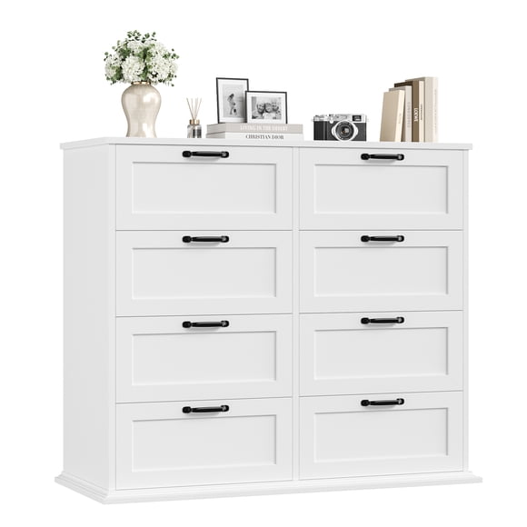 Homfa Commode Horizontale à 8 Tiroirs, Armoire de Rangement en Bois Blanc, Commode Double pour Chambre et Salon