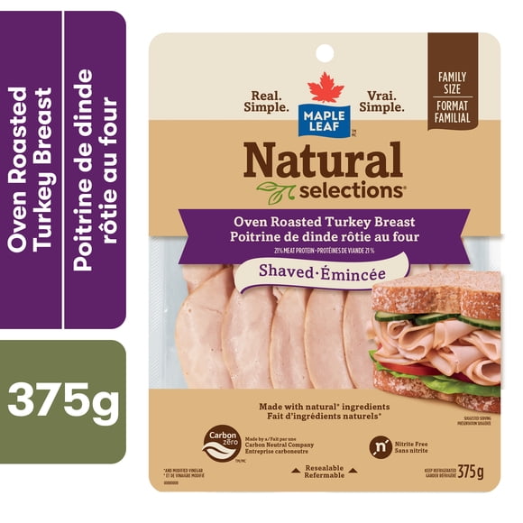 Maple Leaf Natural Selections Shaved Deli Turkey Breast Oven Roasted Family Size, 375 g
