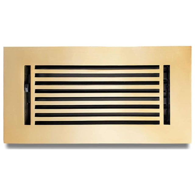 Floor Vent Cover / Register 4” x 10” with Damper – Outer Size 6” x 12”, 5mm Thick Decorative Cast Aluminum, Brushed Gold, Repaintable – Modern Linear Design VR109 for Floors, Walls & Ceilings