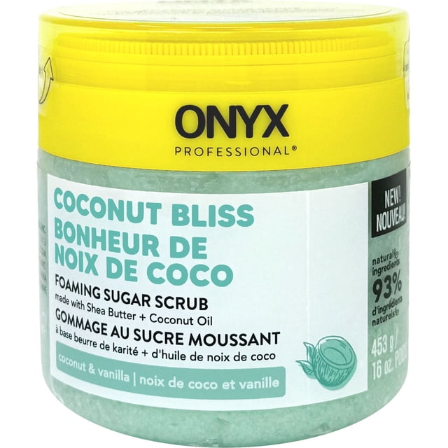 ONYX Professional® Foaming Body Scrub with Scrubber, Coconut Bliss, 16 fl oz, in a clear jar with a bright yellow lid. The label highlights its foaming sugar scrub formula with shea butter and coconut oil, scented with coconut and vanilla. It contains 93% naturally derived ingredients and includes an antibacterial scrubber for gentle, daily exfoliation suitable for all skin types.