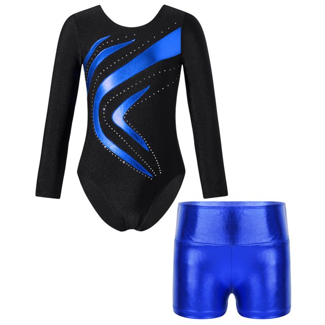 TiaoBug Girls 2Pcs Rhinestone Tracksuit Long Sleeve Gymnastics Dance Outfit Leotard with Shorts Unitard C01 6
