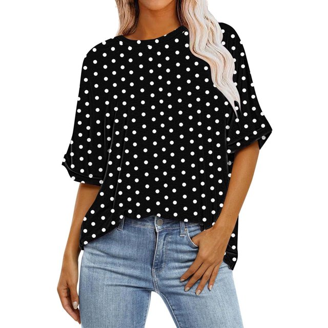 Diufon Hauts Grande Taille pour Femmes Été Décontracté Manches 3/4 Col Rond Chemises Amples Imprimé à Pois Doux