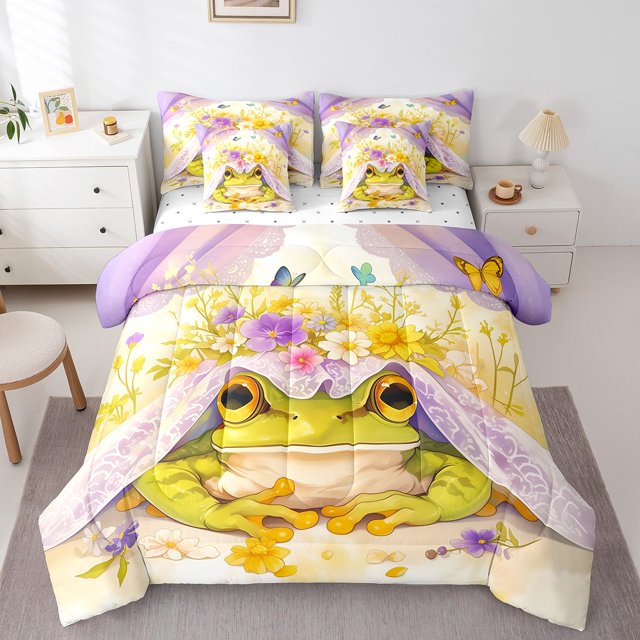 YST 7Pcs Cartoon Frog Comforter Set Green Frog Bed in a Bag, King Size