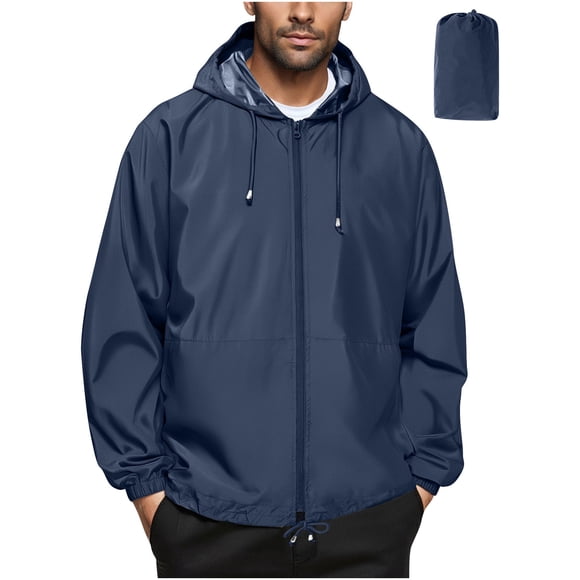 Ohufall Mens Waterproof Rain Hooded Jackets Comfy Plus Size Hoodies Raincoats with Pockets Lightweight Long Sleeve Zipper Jackets with Storage Bags
