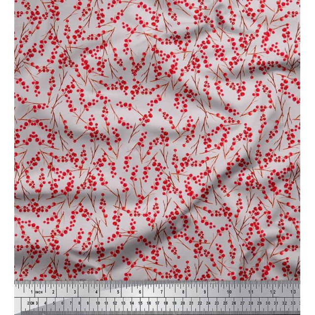 Soimoi Tissu Crêpe en Polyester Baies Rouges Fruits Tissu de Décoration Imprimé au Mètre 42 Pouces de Large