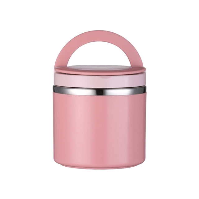YDNGF 630ml / 1000ml insulated lunch box food container made of stainless steel, shown in a pink finish with a wide mouth design and a sturdy handle. This vacuum insulated thermal container is ideal for keeping food hot or warm, suitable for soups, meals, or drinks. Features a leak-proof lid that doubles as a serving bowl.