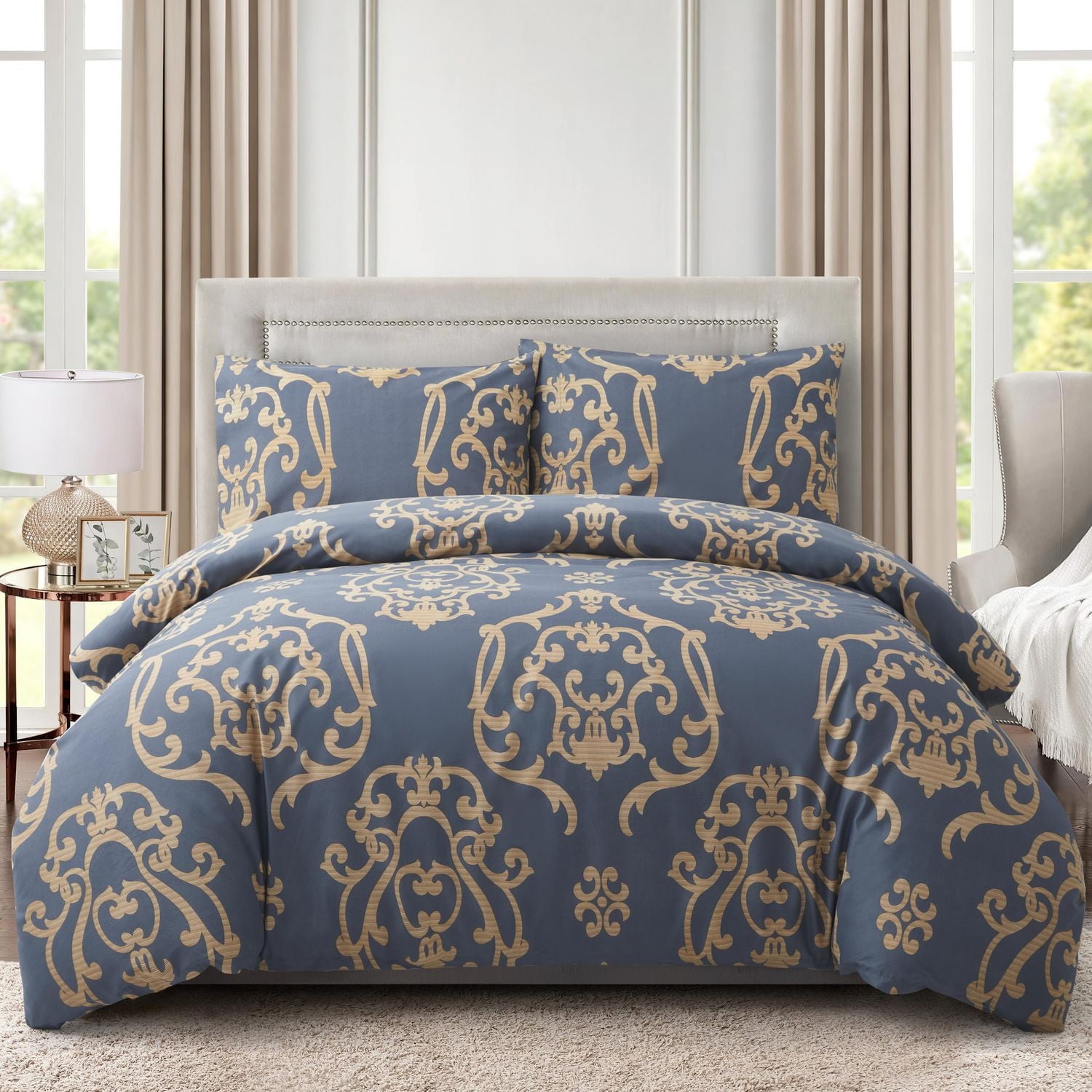 Literie Marina Décoration douce, soyeuse et riche en rayonne de bambou imprimée, toutes saisons, housse de couette, drap-housse, avec fermeture éclair et lien d'angle, motif damassé doré bleu marine