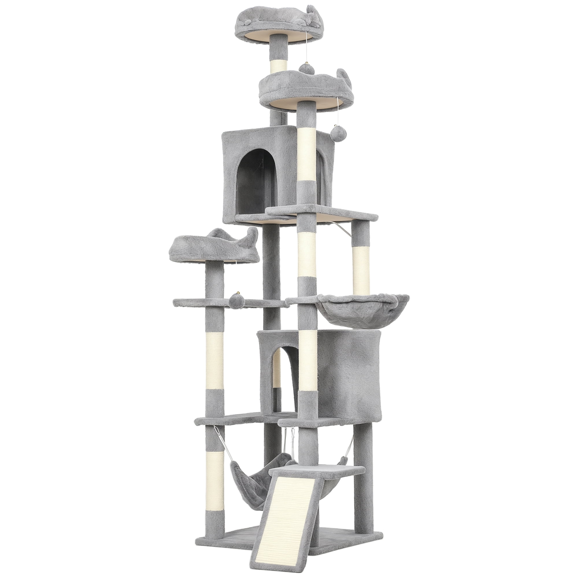 CoSoTower 76" Large Cat Tree for Indoor Cats with 8 Scratching Posts, 3 Plush Beds, 2 Hammocks, 2 Large Condos, Ramp, Light Grey