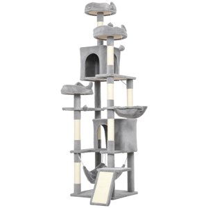 CoSoTower 76" Large Cat Tree for Indoor Cats with 8 Scratching Posts, 3 Plush Beds, 2 Hammocks, 2 Large Condos, Ramp, Light Grey