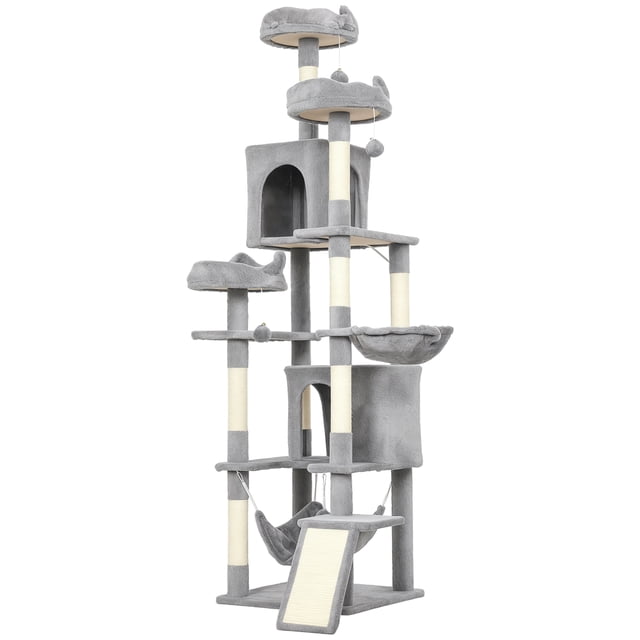 CoSoTower 76" Large Cat Tree for Indoor Cats with 8 Scratching Posts, 3 Plush Beds, 2 Hammocks, 2 Large Condos, Ramp, Light Grey