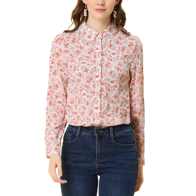 INSPIRE CHIC Chemise Boutonnée pour Femme à Petites Fleurs à Manches Longues Col en Pointe Haut de Bureau S Blanc-Rose Floral