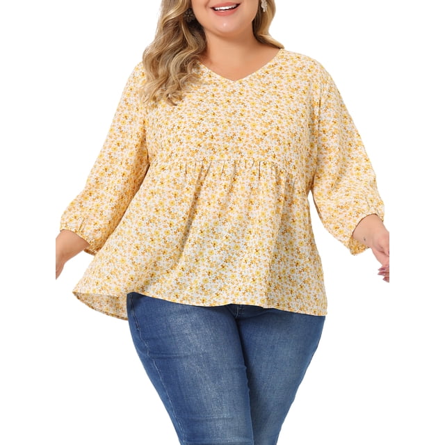 Agnes Orinda Hauts Babydoll de Pâques pour Femmes Grande Taille, Col en V, Floral, Manches Lanterne 3/4, Chemises, Blouses à Basque 4X Beige
