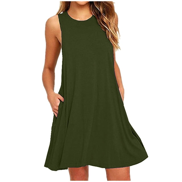 RKSTN Robes d'Été pour Femmes 2024 Sans Manches à Col Rond Couleur Unie Ample Fluide Plissée Robe Mini Décontractée Ligne A Robes de Plage avec Poches