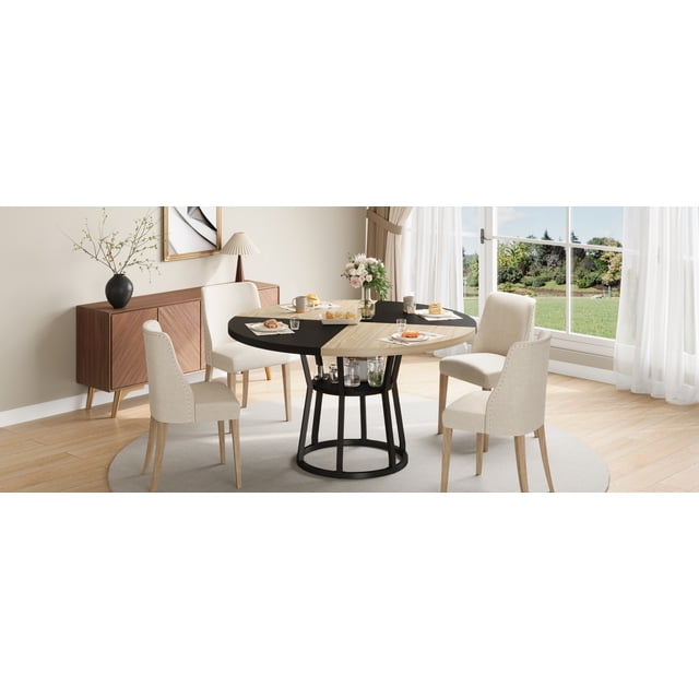 Table de Salle à Manger Rustique Gain de Place – Table Ronde de 47,2 Po avec Étagère de Rangement à 2 Niveaux – Base en Métal – 4–6 Places – Parfait pour Salon, Appartement