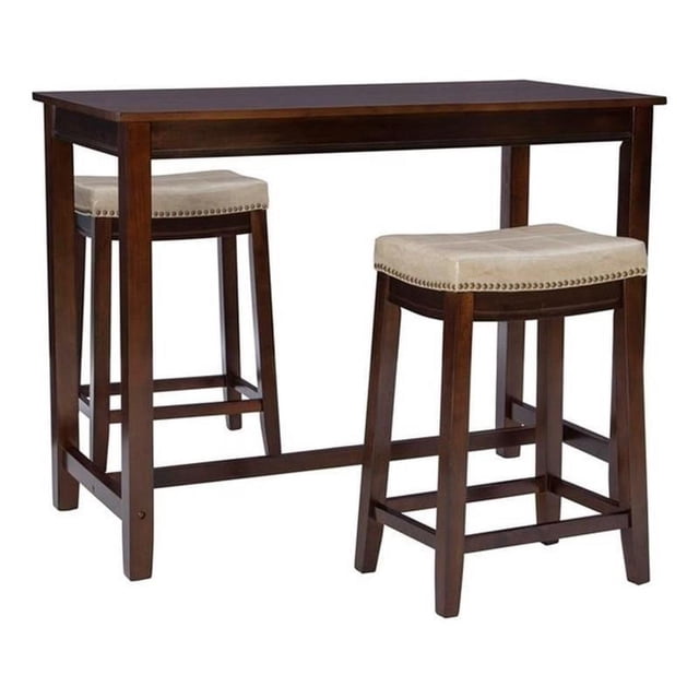 Linon Claridge Wood 3 Piece Counter Dining Set Beige Faux Leather Seats in Brown