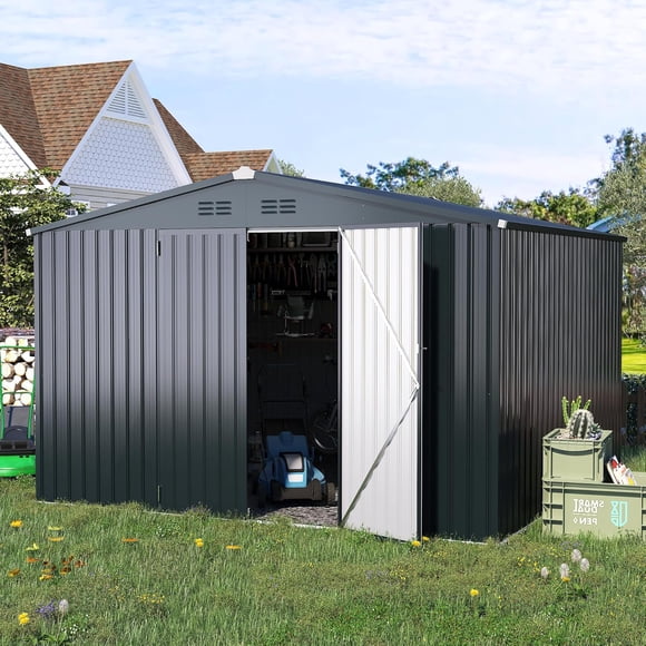 YODOLLA 12 x 12 ft. Outdoor Metal Storage Shed with Sliding Roof & Lockable Door in Dark Grey