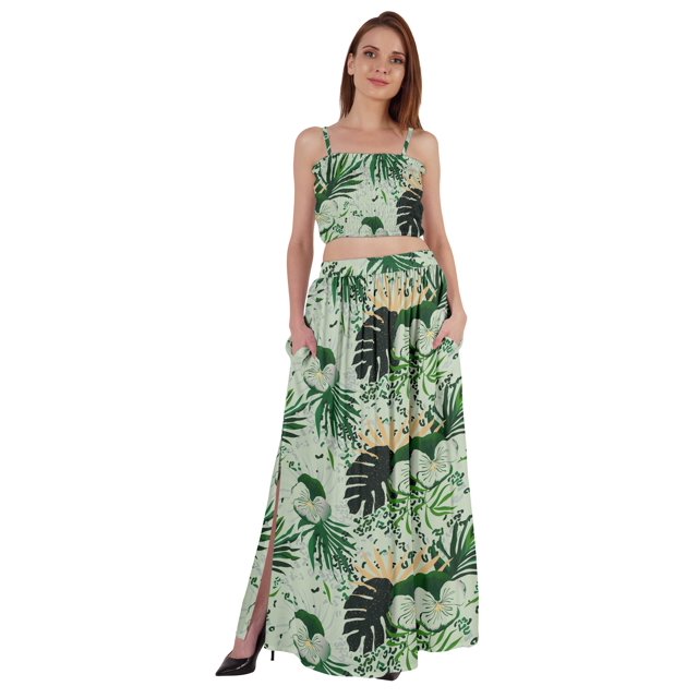 Bimba Ensemble Coordonné 2 Pcs Robe Aguichant de Plage et de Fête pour Femmes, Haut Court Imprimé Smocké et Jupe Longue