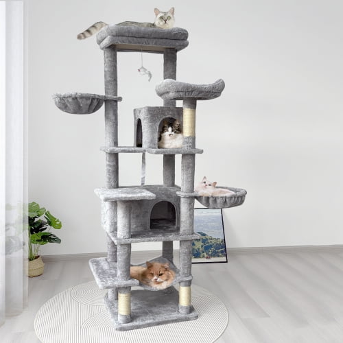 68in Tall Multi-Level Green Cat Tree with Hammocks, Hanging Basket, Cat Cave, Removeable Cushion, Scratching Posts - Plush Cat Tower for Indoor Cats, Perfect for Multiple Cats Grey