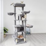 68in Grand arbre de chat vert multi-niveau avec hamacs, panier de suspension, grotte de chat, coussin amovible, poteaux de scratching - Tour de chat en peluche pour chats intérieurs, parfait pour les chats multiples gris