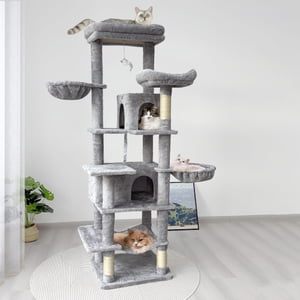 68in Grand arbre de chat vert multi-niveau avec hamacs, panier de suspension, grotte de chat, coussin amovible, poteaux de scratching - Tour de chat en peluche pour chats intérieurs, parfait pour les chats multiples gris