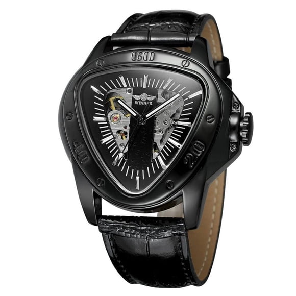 WINNER Winner Men's Automatic Mechanical Watch with Skeleton Triangle Design, Black Dial, Silver Movement, Alloy Case, Leather Strap, Buckle Clasp, Elegant Box Packaging