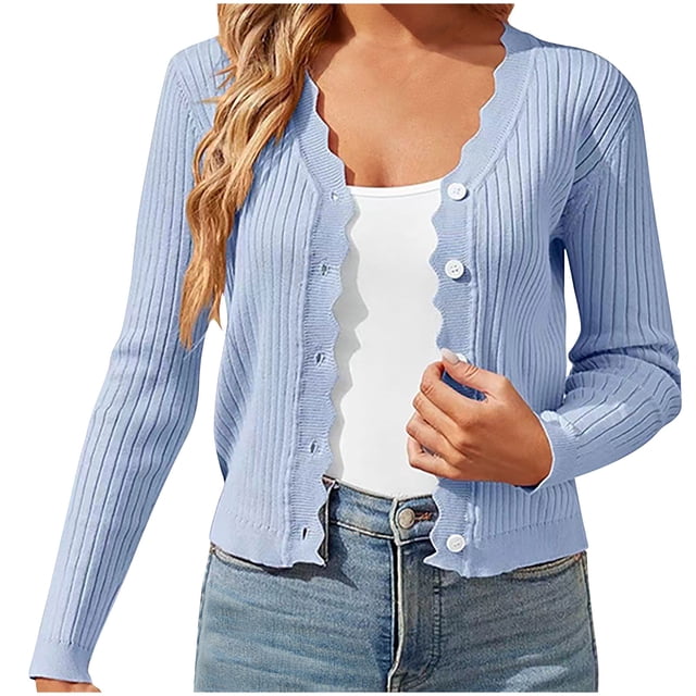Lightweight Knit Cardigans Sweater Womens Long Sleeve Fall Button Down Ribbed Sweaters Casual Loose Fashion Tops Light Blue, M