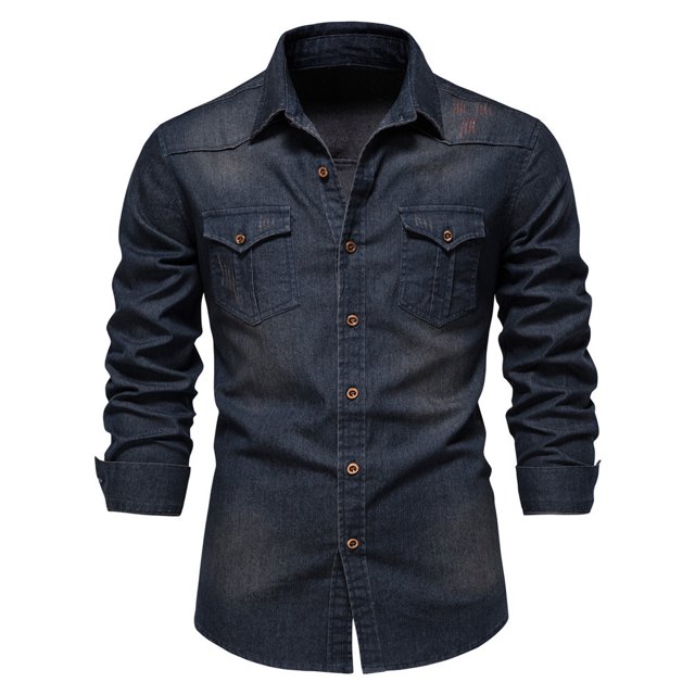 Men's Classic Denim Long Sleeve Shirt Solid Color Casual Button Down Work Shirt with Chest Pocket