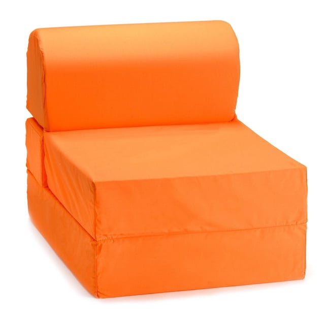 ComfyKids® 2-in-1 Flip Chair in bright orange polyester fabric, shown in chair form with cushioned seat and backrest, designed for kids' living room seating with durable, lightweight frame and easy flip conversion to a bed, ideal for small rooms and sleepovers.