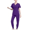 thumbnail image 1 of Womens Medical Jogger Scrub Set Summer Outfits 2 Piece Nursing Uniform Short Sleeve Tops Cargo Pants Working Uniforms, Purple, M, 1 of 3