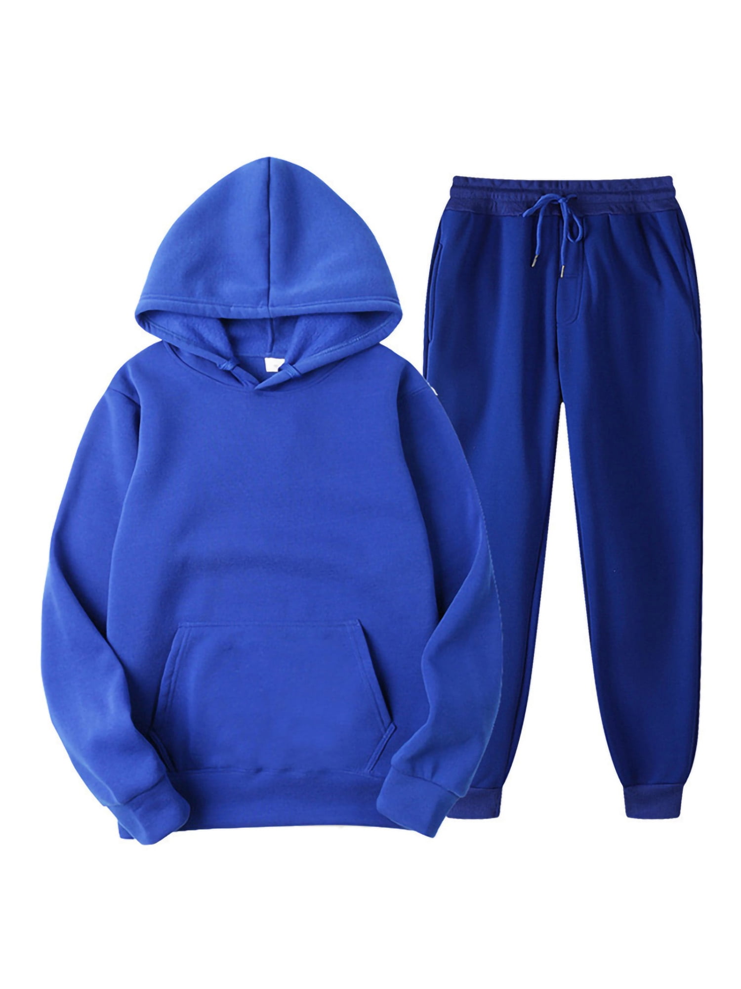 Innerwin Hoodies And Sweatpant Set Solid Color Mens Tracksuit Winter Hooded Warm 2 Piece Hoodie Blue L