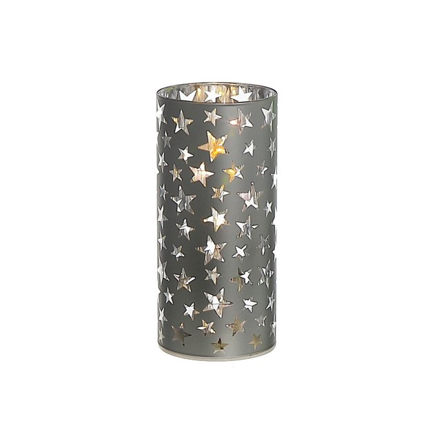 Led Cylinder Glass Stand 5.9" Star Large with a gray glass cylindrical body featuring star-shaped cutouts that emit a soft LED light, perfect for ambient home décor and often used as a subtle night light.