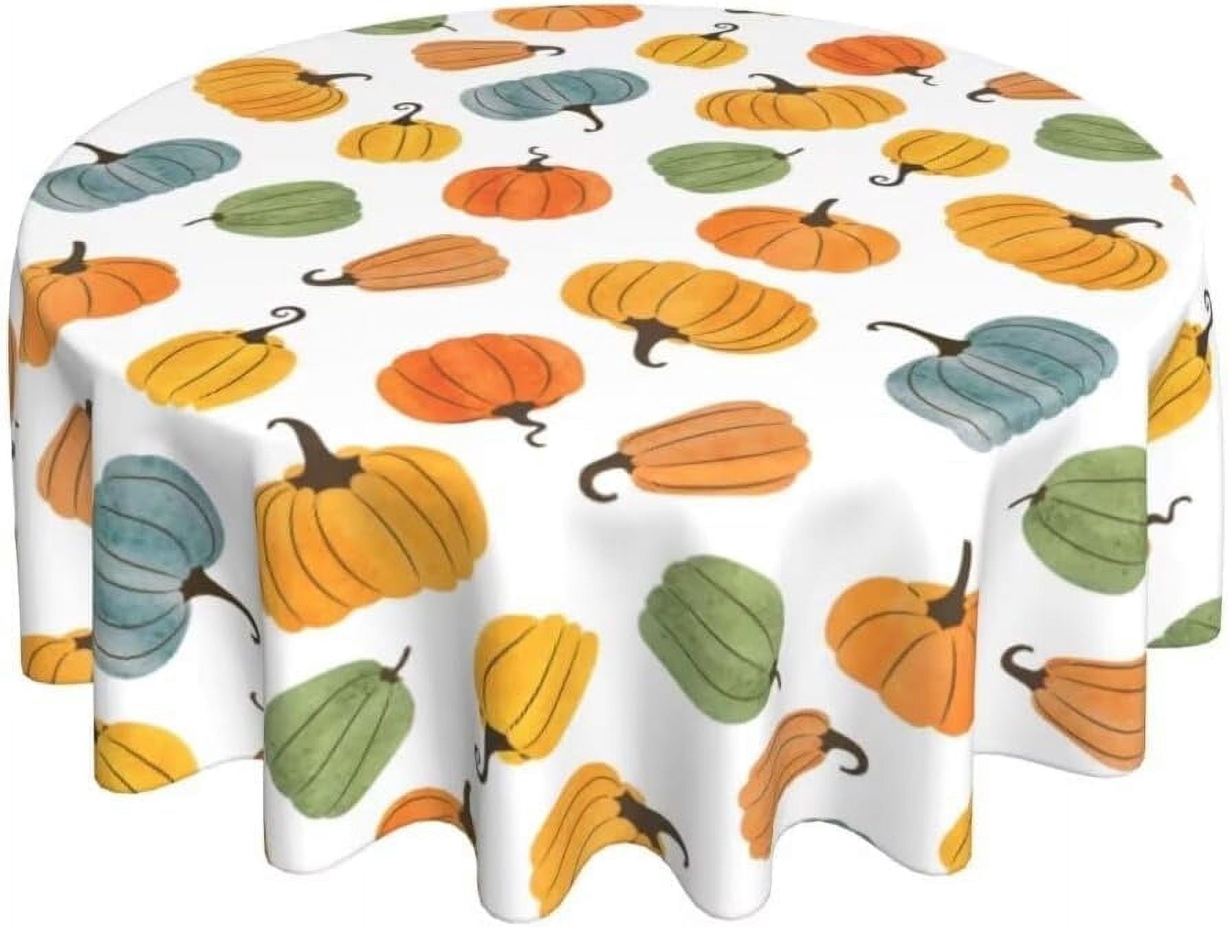 Fall Tablecloth 60 Inch Round, Autumn Orange Yellow Blue Green Pumpkins Table Cloth Thanksgiving Harvest Colorful Table Cover Farmhouse Decorative for Party Picnic Dinner Decor