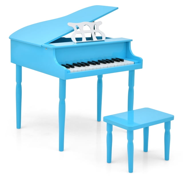 Costway 30-Key Classic Baby Grand Piano Toddler Toy in blue, featuring a miniature design with 30 keys, a matching bench, and a music rack. Made from MDF, birch wood, and ABS materials, it is safe and durable for children aged 3-8. The piano has a smooth, child-friendly finish and a safety hinge on the rear cover. Its compact size and elegant design make it suitable for children's rooms or play areas.