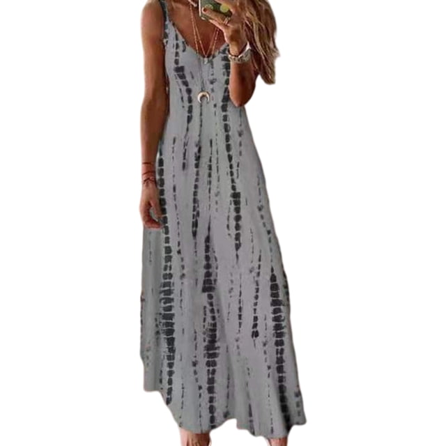 LUXUR Robe Longue Maxi pour Femmes à Col en V, d'Été, de Plage, Sans Manches, Combinaison, Style Bohème, Teinture sur Nœuds, Gris, G