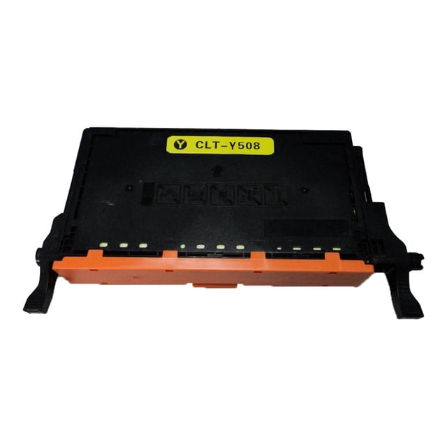 L-ink Compatible Samsung CLT-Y508L Yellow Toner Cartridge High Yield shown front-facing with a black plastic body and orange bottom cover, labeled CLT-Y508 in yellow, compatible with Samsung printers like CLP620ND and CLX6250FX, offering sharp laser print quality and a 4000 page yield, suitable for economical printing.