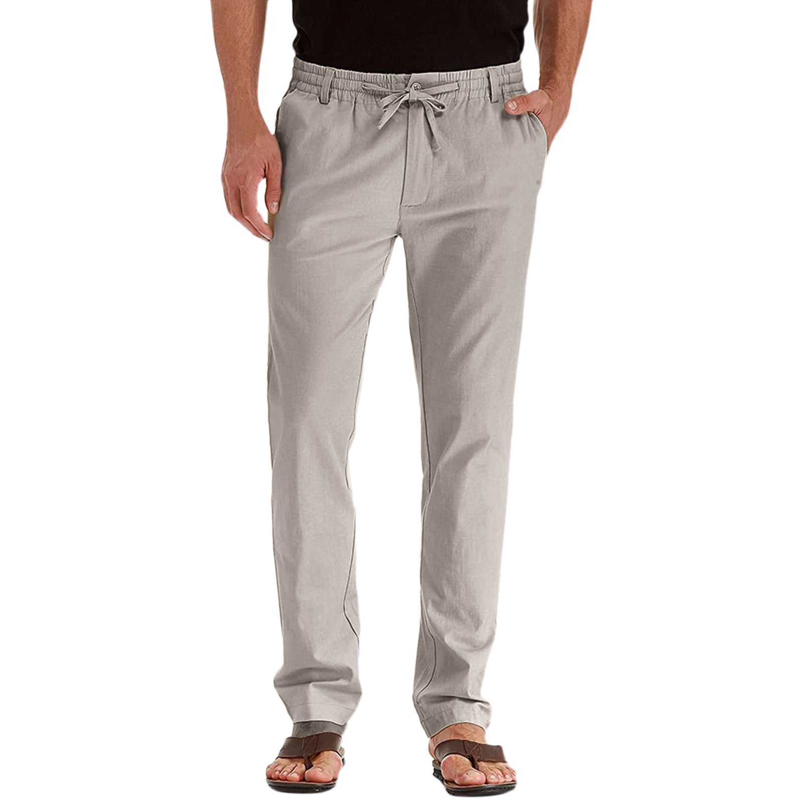 WEIYLL Mens Pants Casual Elastic Waist Adjustable Drawstring Beige Trousers Size M