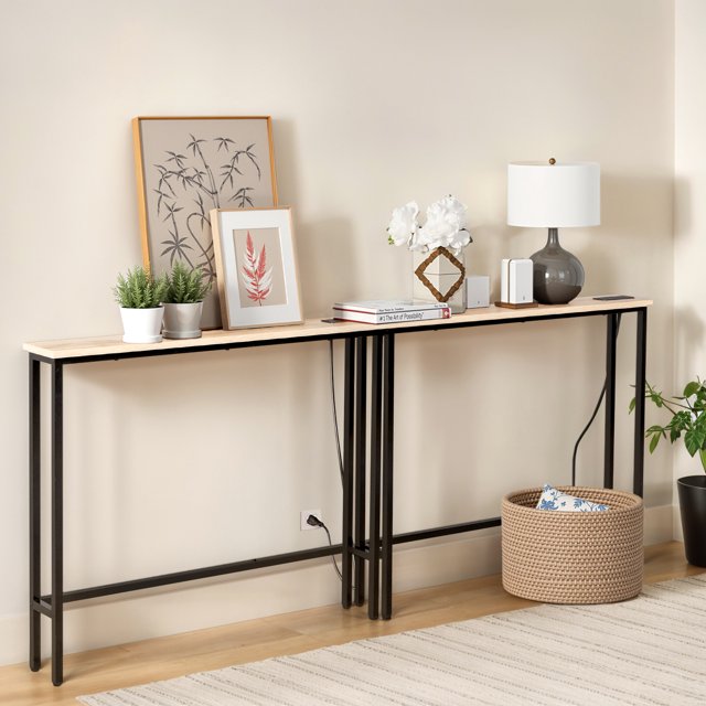 Ktaxon 79" Narrow Console Sofa Table with Power Outlets and USB Ports, Long Couch Table with Metal Frame and Charge Station with 4.9ft Extension Cord, Walnut