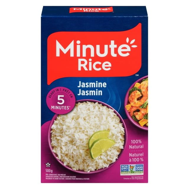 Minute Rice Quick Cook Jasmine 500g box with blue and purple background and red logo, displaying a bowl of cooked jasmine rice garnished with lime slices alongside a shrimp and vegetable stir-fry, highlighting 5-minute cooking time, 100% natural, non-GMO, and vegetarian rice suitable for Thai and Southeast Asian meals.