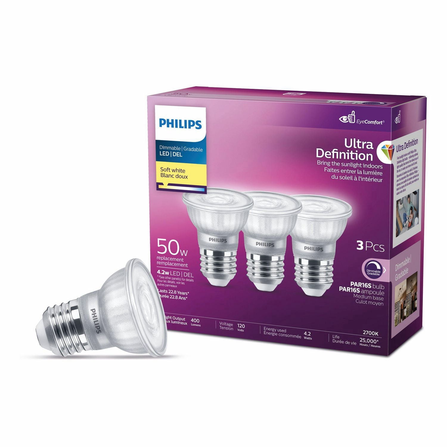 PHILIPS 4.4W 50W PAR16 Medium Base Soft White Ultra High Definition Dimmable LED Light Bulbs - 3 Pack