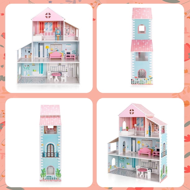 COSTWAY Maison de Poupée en Bois à 3 Étages avec Toit Amovible & Double Face, Maison de Rêve avec 19 Accessoires, 5 Pièces & Autocollants pour Enfants de 3 Ans