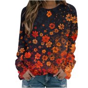 Rbaofujie Fall Sweaters Women's Casual Printed Long Sleeved Round Neck Pullover Hoodie Orange Women's Fashion Hoodies & Sweatshirts