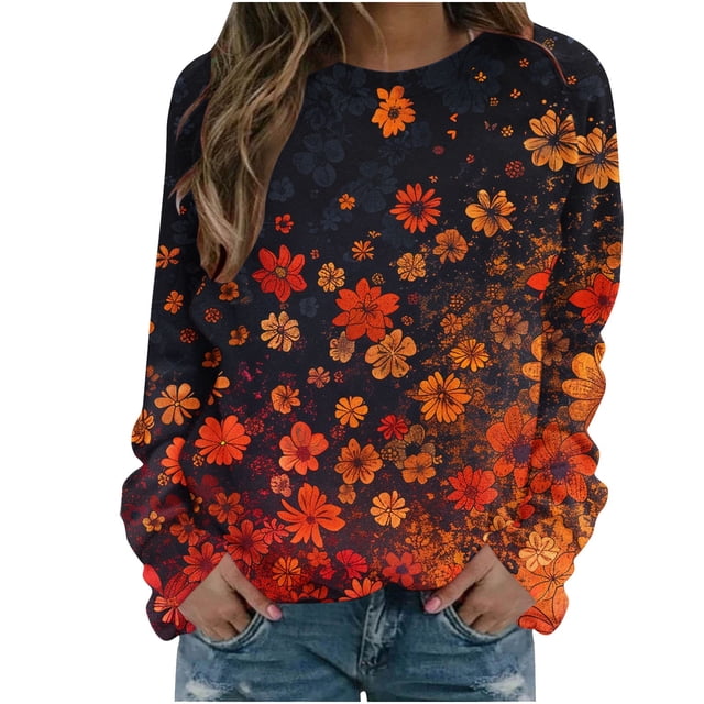 KIHOUT Chandails Molletonnés pour Femmes en Liquidation, Hauts Blouse à Manches Longues d'Automne et d'Hiver à Col Rond à Imprimé Floral, Coupe Ample, Taille P-2TG